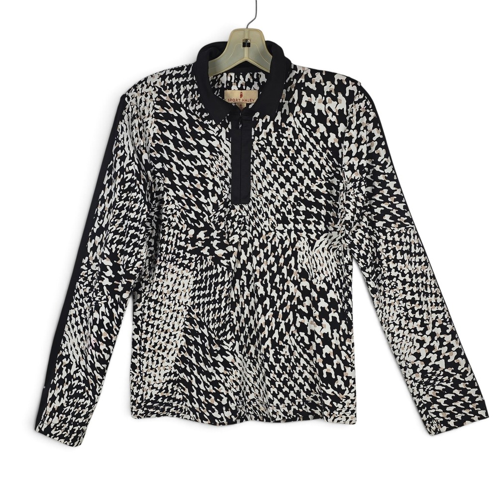 Sport Haley Top Womens M Quarter Zip Black White Abstract Houndstooth EUC Golf